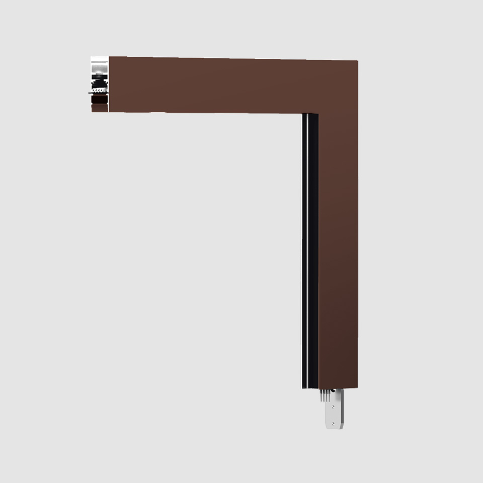 Artemide A.24 magnetic track corner connector in brown finish, L-shaped profile with horizontal and vertical sections