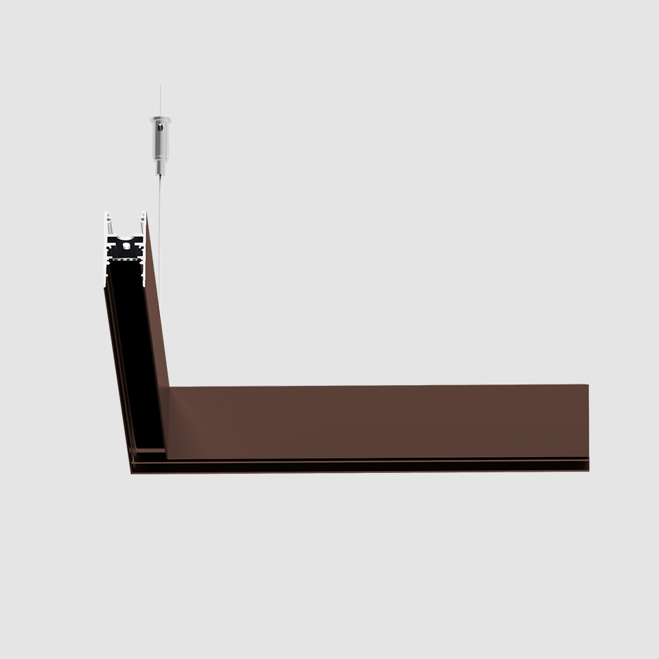Artemide A.24 Magnetic Track pendant light in brown finish, L-shaped profile suspended by steel cable, with integrated LED system