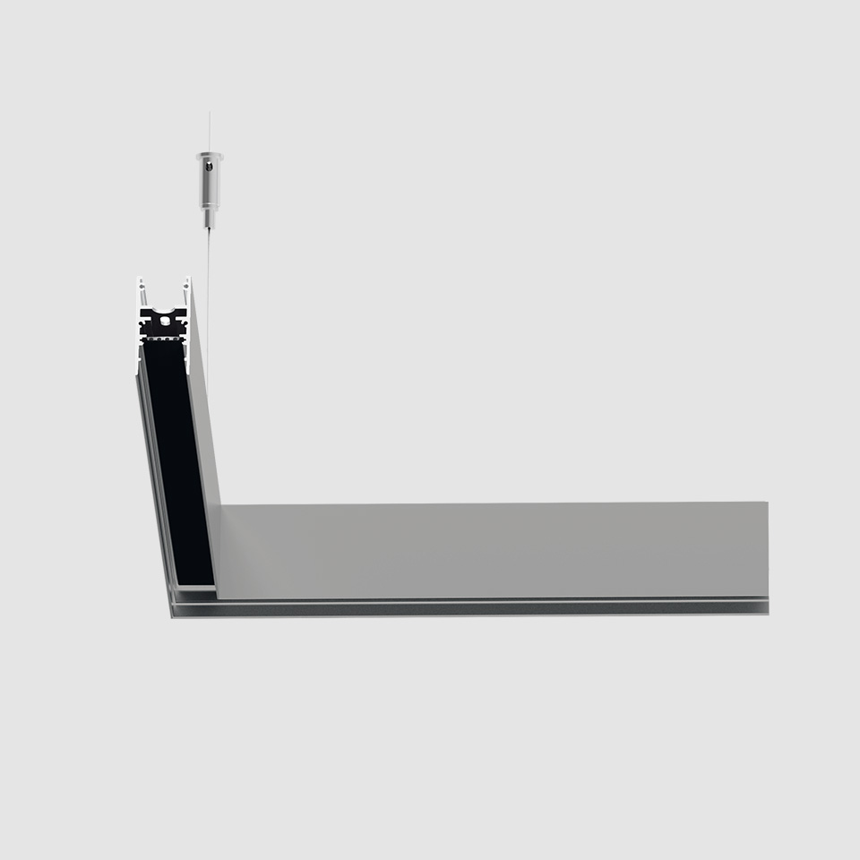 Artemide A.24 Magnetic Track pendant light: slim aluminum profile with black LED channel, suspended by steel cable, L-shaped design