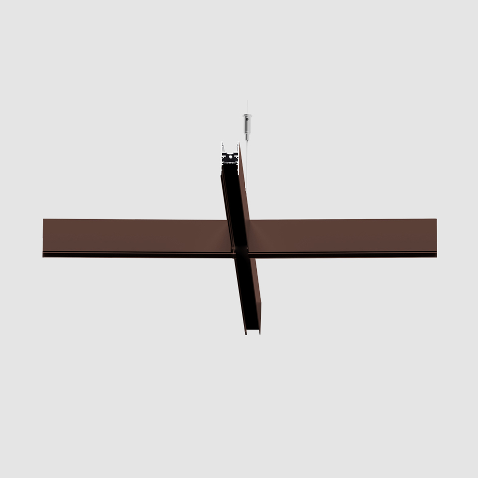 Artemide A.24 Emissione Sharping pendant light: two intersecting dark brown linear aluminum profiles forming a cross shape