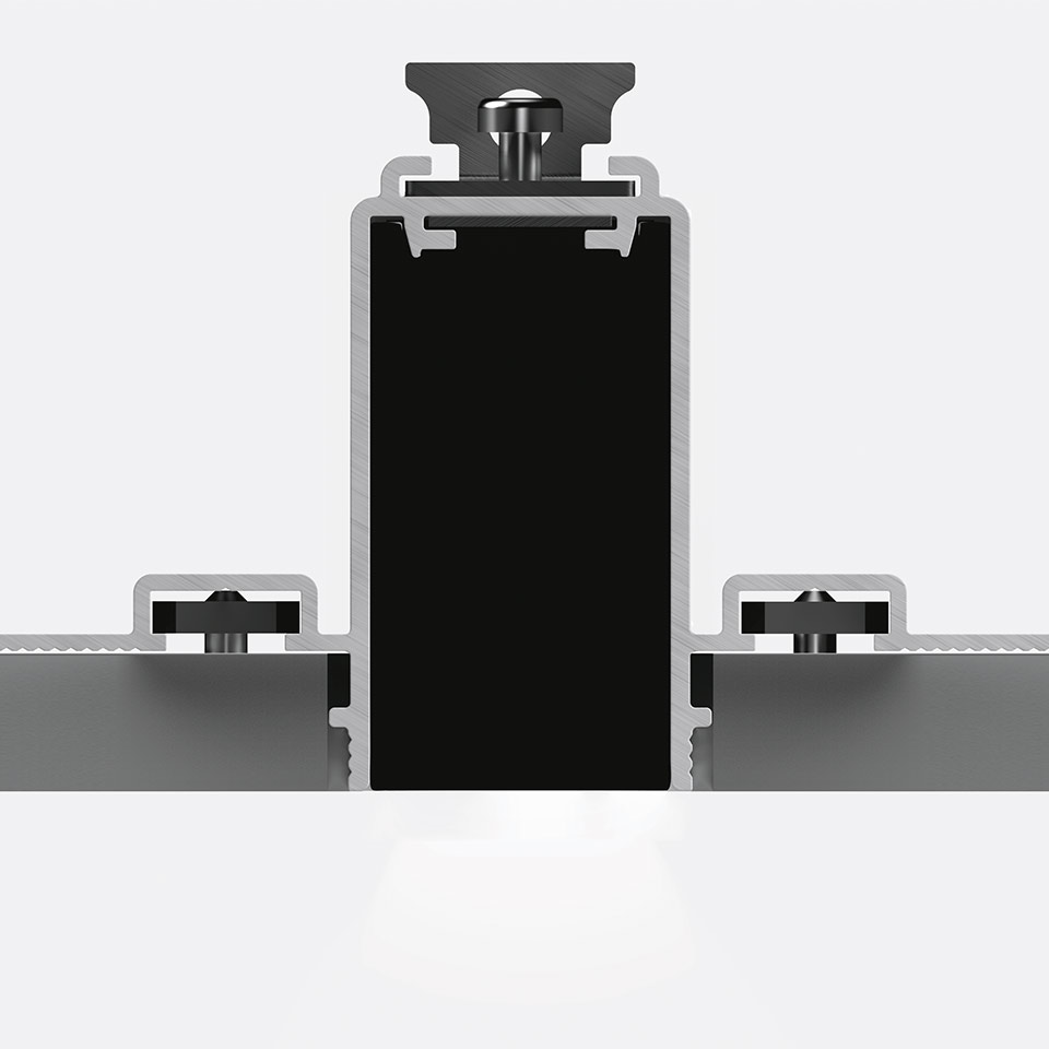 A.24 Magnetic Track recessed fixture cross-section, showing aluminum profile with black LED module and adjustable mounting brackets