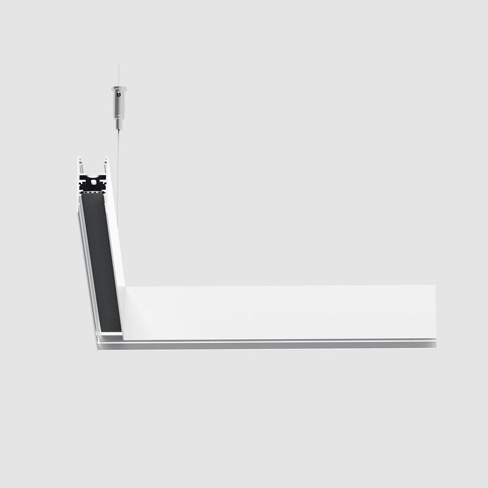 Artemide A.24 Magnetic Track pendant light: slim white L-shaped aluminum profile with black LED channel, suspended by steel cable