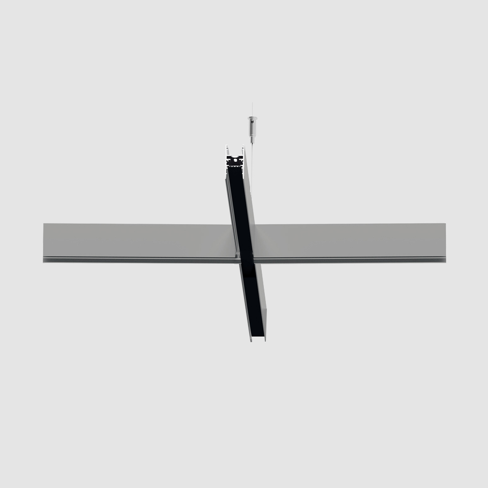 Artemide A.24 Emissione Sharping: suspended linear aluminum profile with angled black LED module on ceiling-mounted track