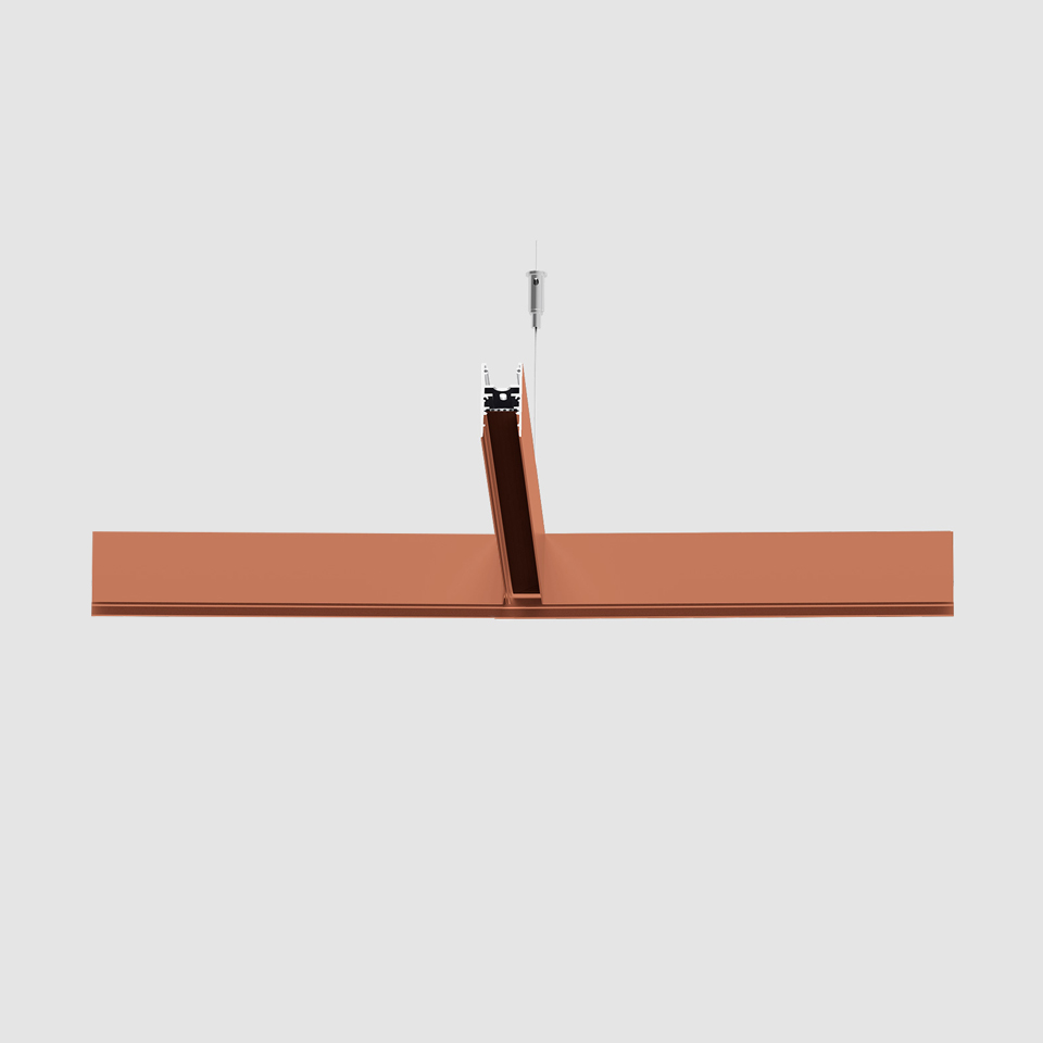 Artemide A.24 Diffused Emission pendant lamp, copper-finish elongated horizontal bar with central cable suspension