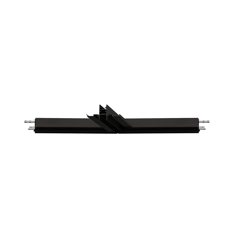 Artemide A.24 magnetic track T-shaped connector in black, joining two track sections at a perpendicular junction point