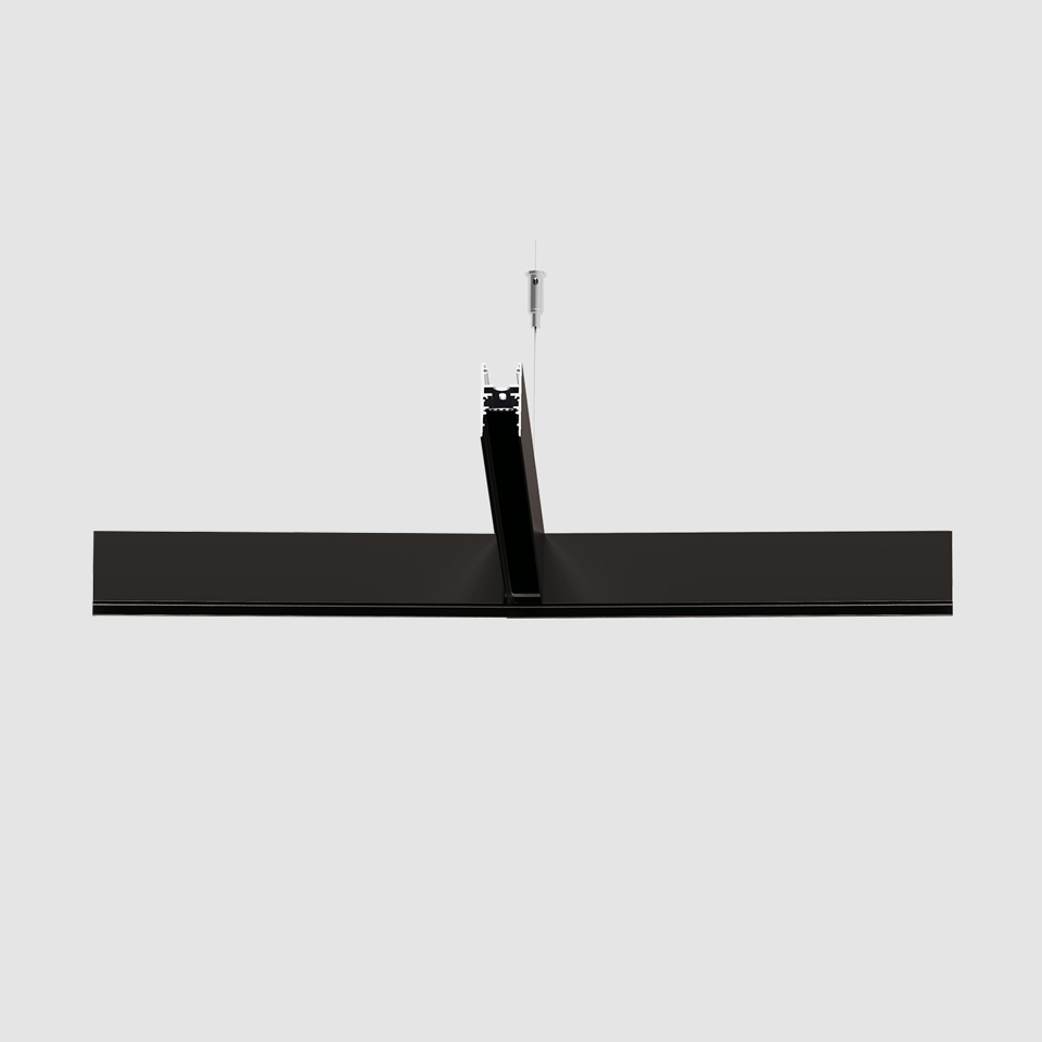 Artemide A.24 Magnetic Track pendant light in black, slim horizontal bar suspended by a central cable mount