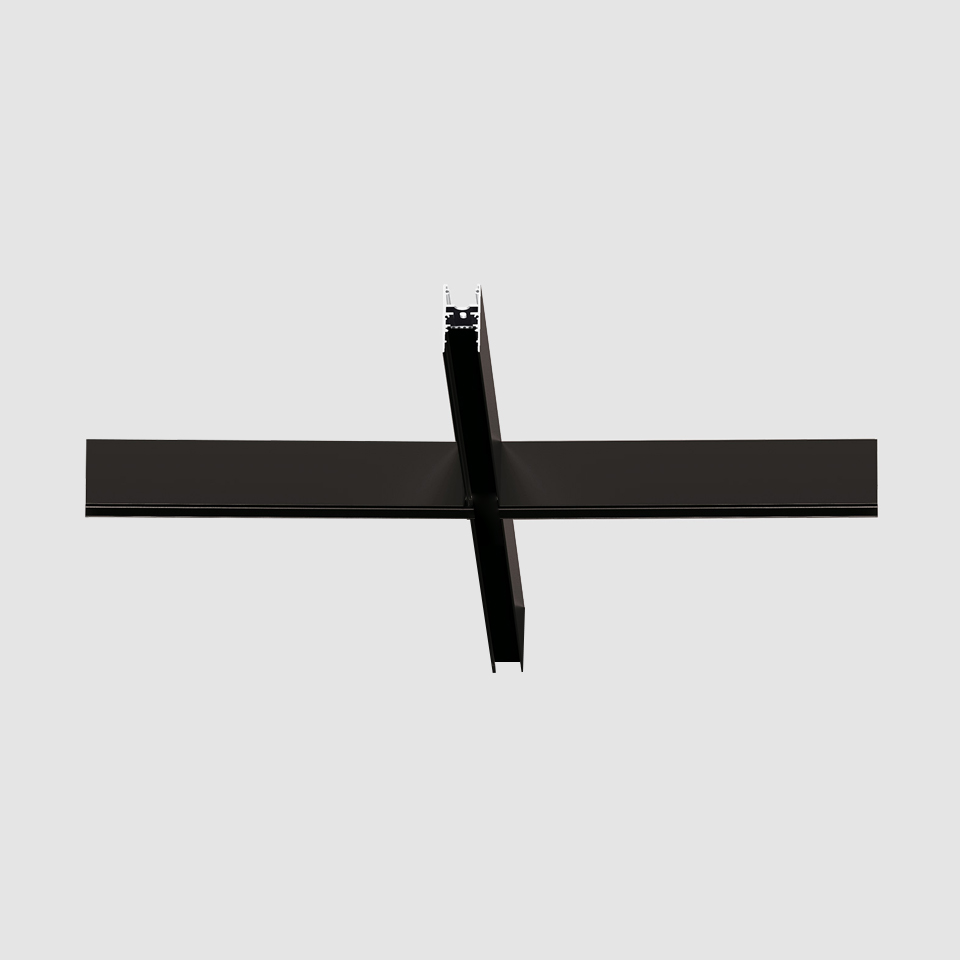 Artemide A.24 Emissione Sharping: black recessed linear LED fixture with perpendicular mounting bar, top view