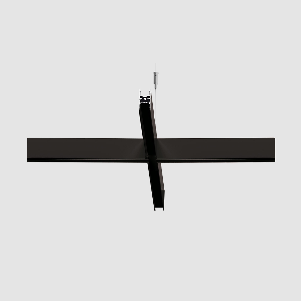 Artemide A.24 Magnetic Track system in matte black, featuring two intersecting linear profiles suspended from ceiling cable