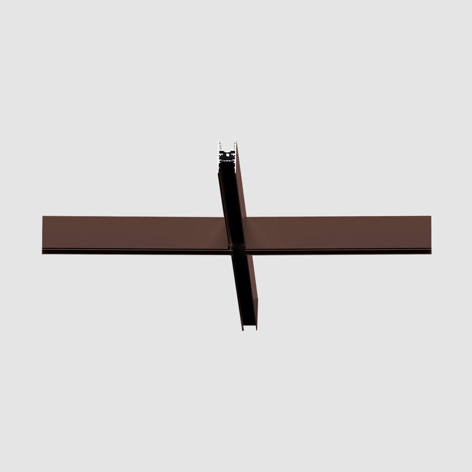 Artemide A.24 Magnetic Track cross-junction connector in dark brown finish, showing perpendicular rail intersection for modular lighting systems