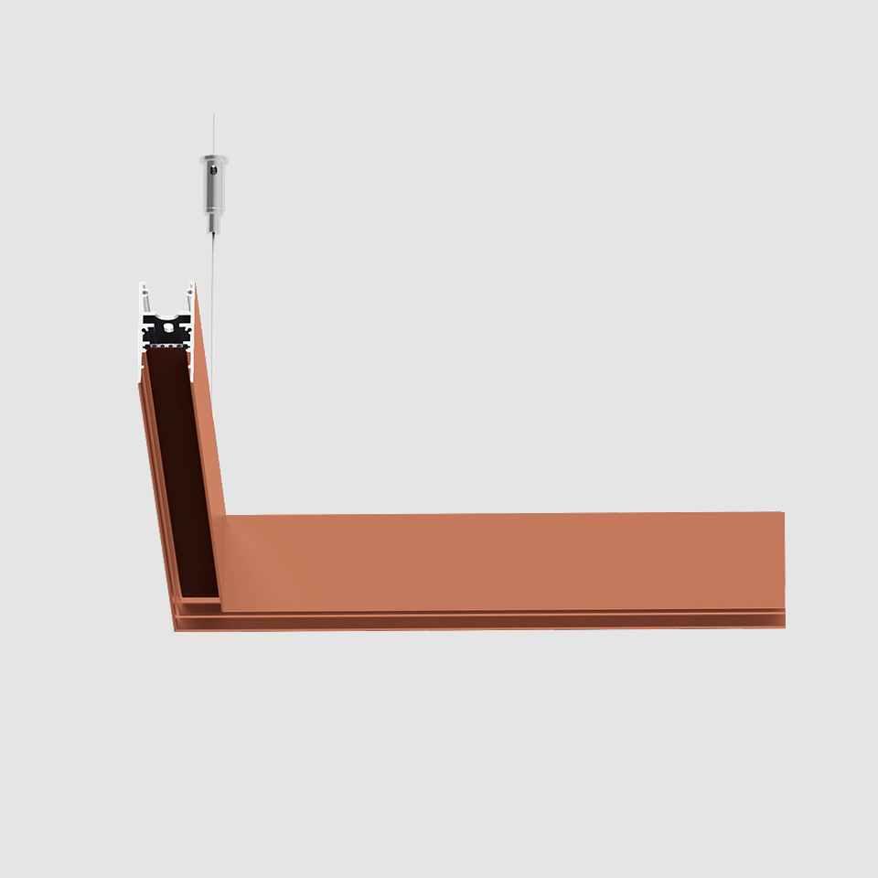 Artemide A.24 Magnetic Track pendant light, L-shaped copper-finish aluminum profile with integrated LED strip, suspended by steel cable