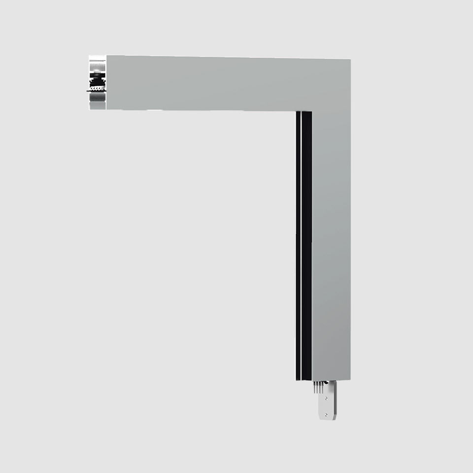Artemide A.24 Magnetic Track L-shaped corner connector in silver-grey, featuring a black recessed channel and mounting hardware