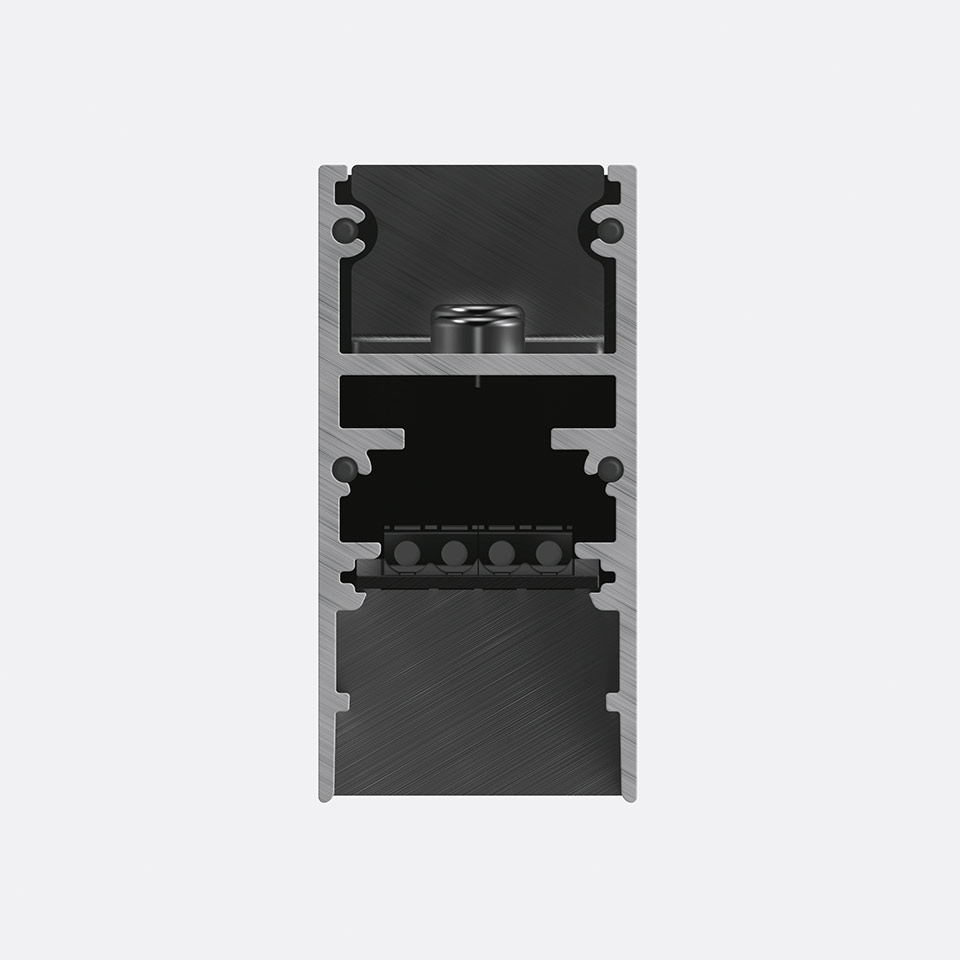 Artemide A.24 Magnetic Track end connector component, aluminum profile with black electrical terminal block and mounting screw