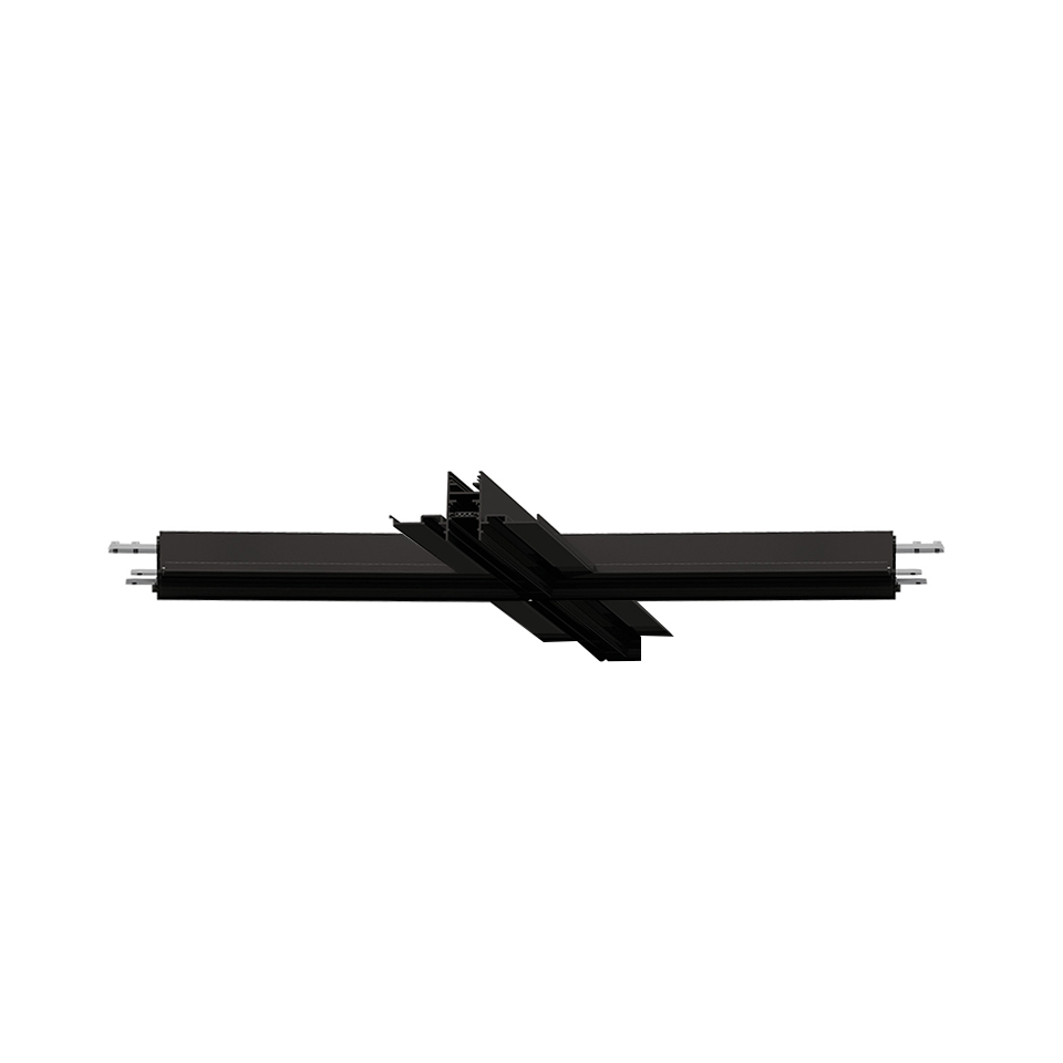 Artemide A.24 magnetic track cross connector in black, enabling perpendicular junction between two track sections