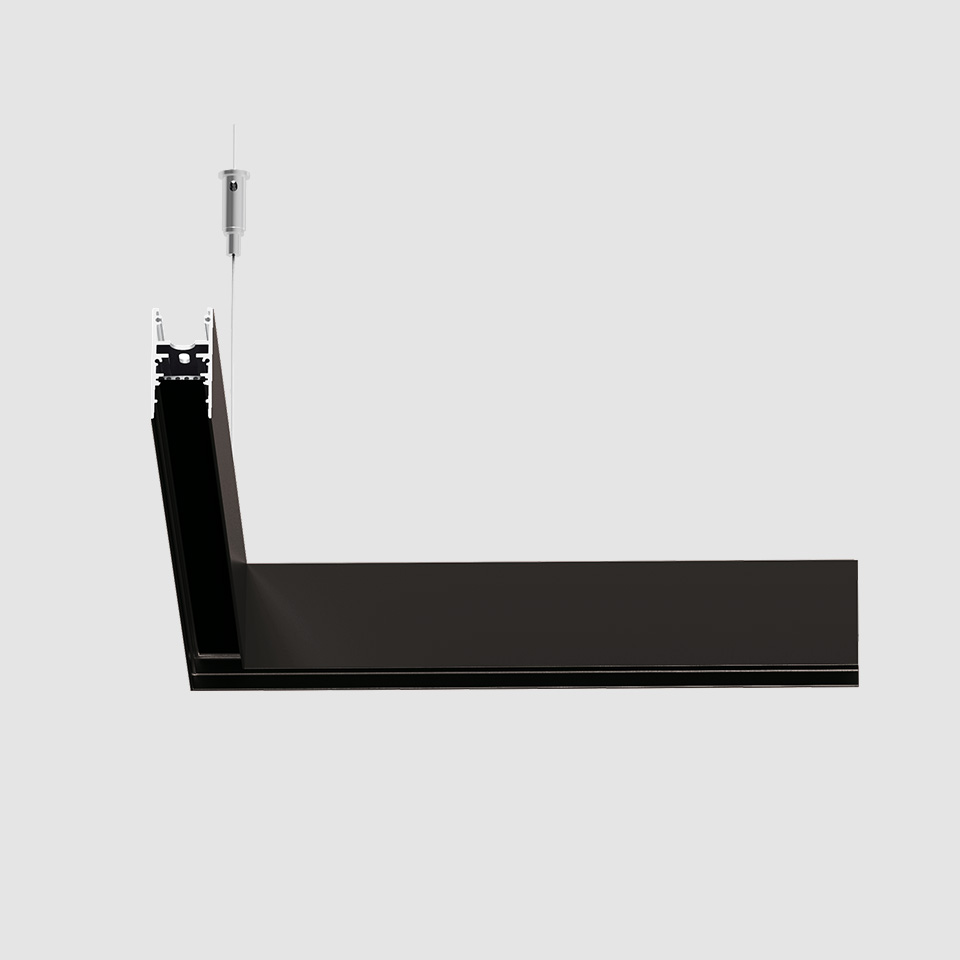 Artemide A.24 Magnetic Track: black L-shaped suspended linear lighting system with cable suspension and magnetic rail profile