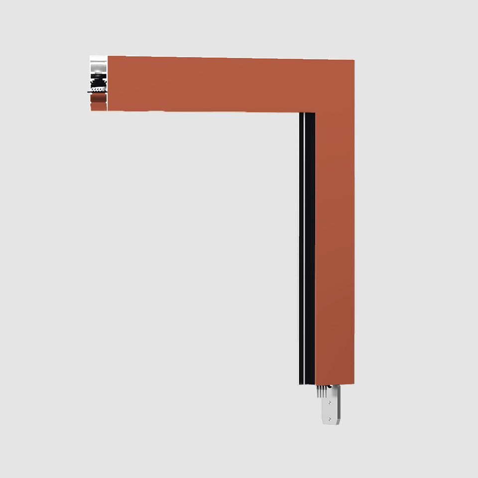 Artemide A.24 Magnetic Track corner connector in terracotta, L-shaped profile with black LED strip channel and metal end caps