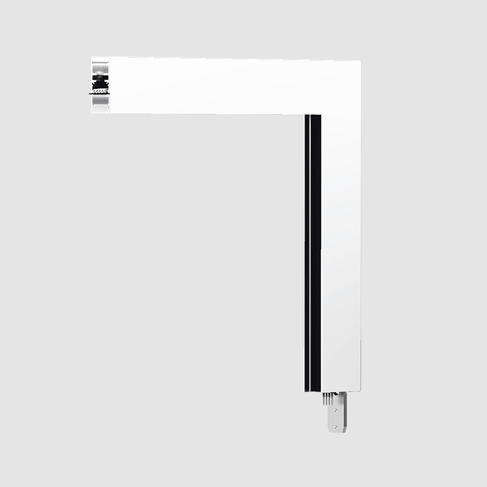 Artemide A.24 Magnetic Track L-shaped corner connector in white, featuring a black LED strip channel for modular lighting systems