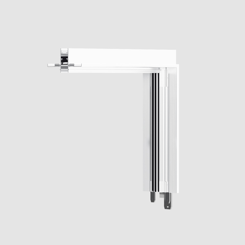 Artemide A.24 Magnetic Track corner connector in white, L-shaped profile with vertical ribbed aluminum section and mounting hardware