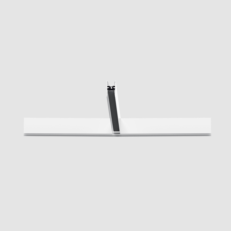 Artemide A.24 Emissione Sharping: slim white linear LED fixture with central angled black mounting bracket for ceiling installation