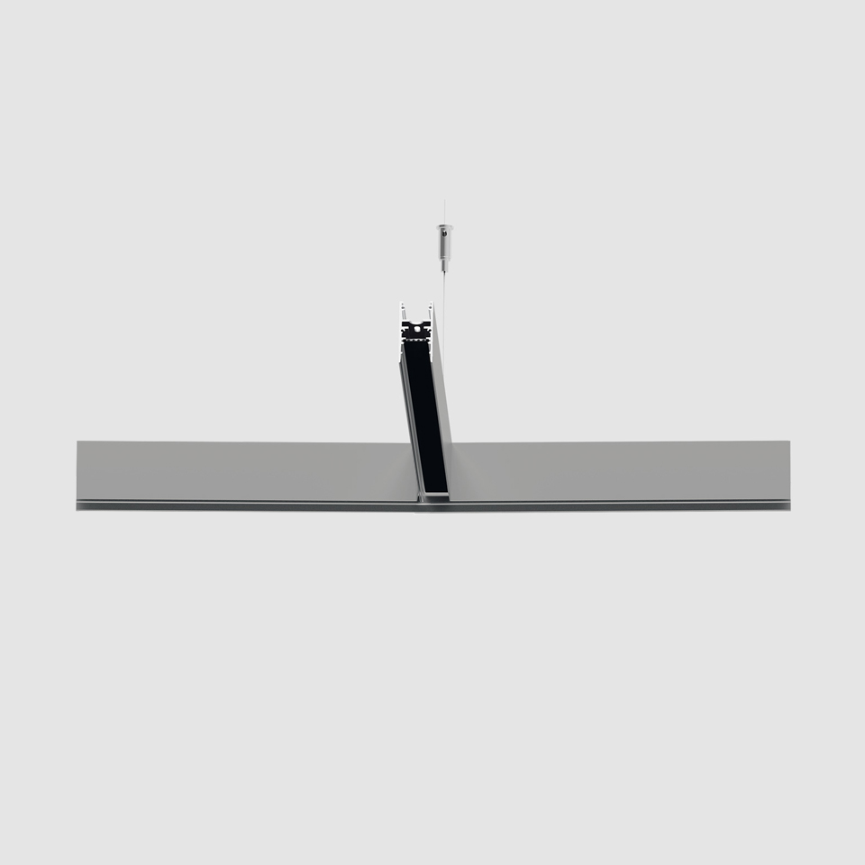 Artemide A.24 Emissione Sharping: slim horizontal suspended linear LED fixture with central cable suspension in anodized aluminum