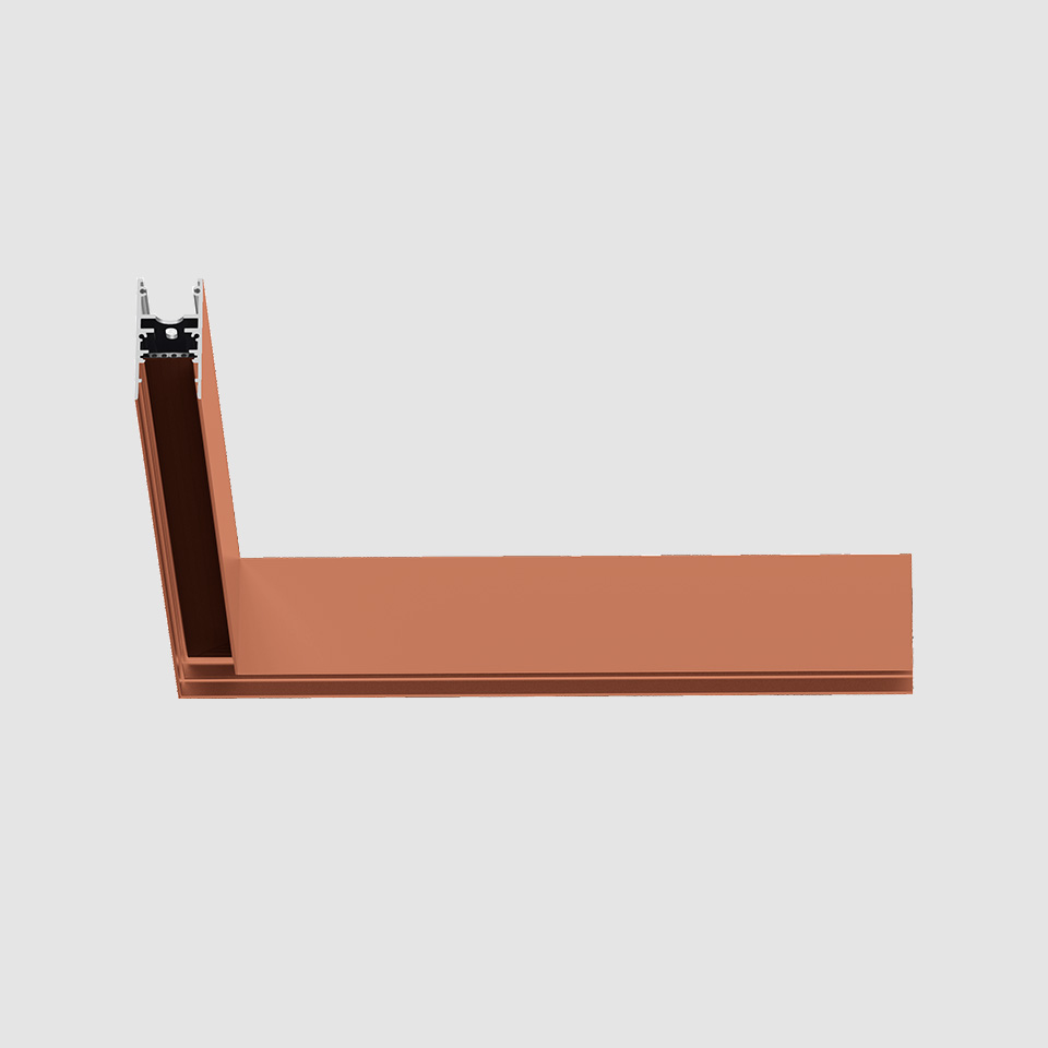 A.24 Magnetic Track corner profile in copper finish, showing L-shaped aluminum extrusion with integrated magnetic rail system