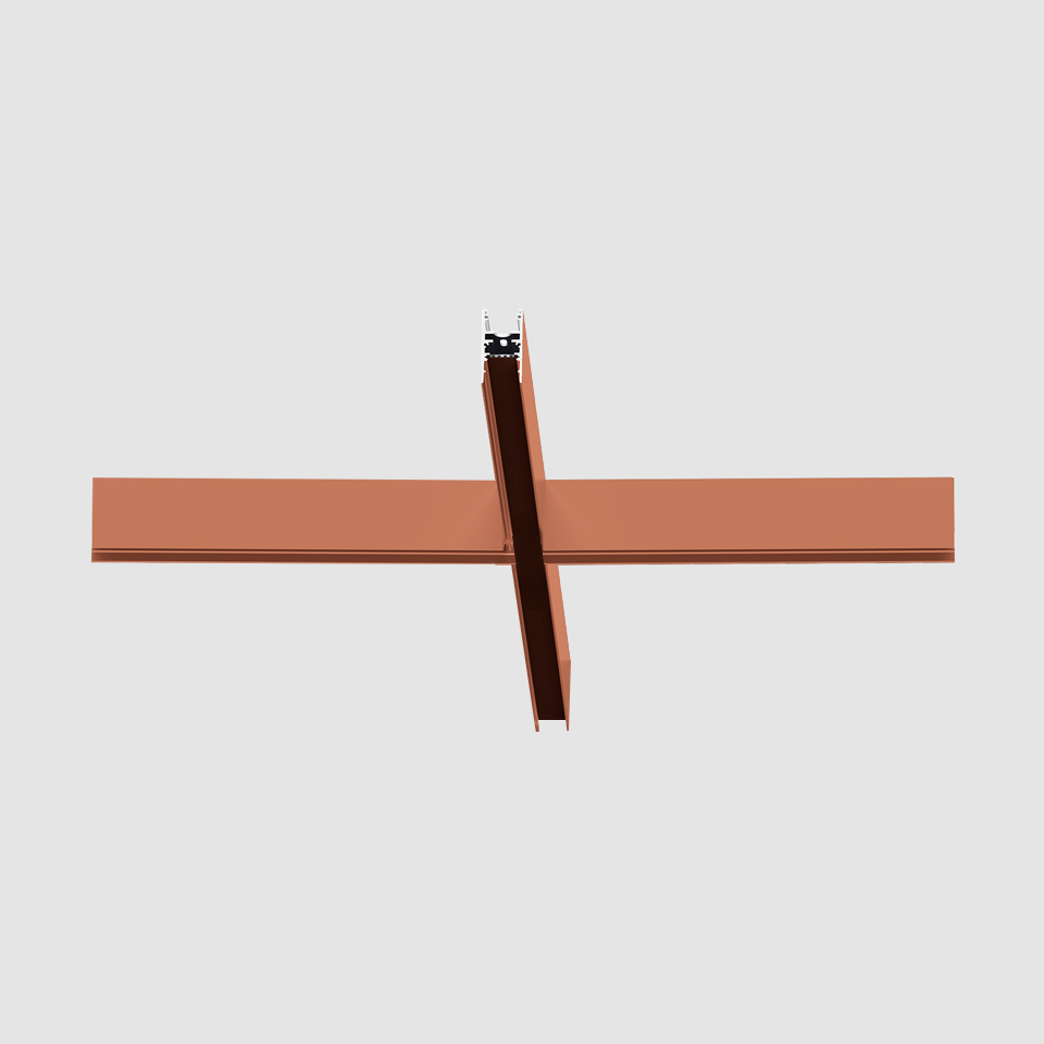 Artemide A.24 Magnetic Track system: two copper-finish linear profiles forming a cross, with magnetic track connector at intersection