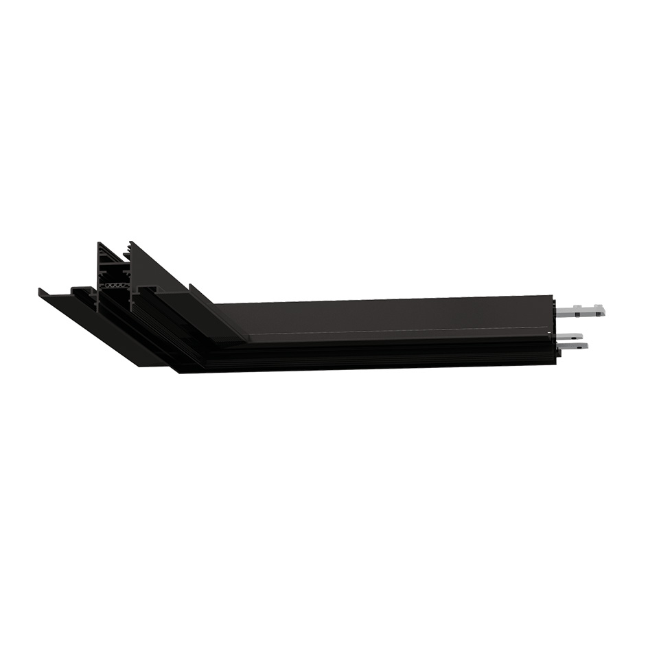 Artemide A.24 magnetic track system, L-shaped recessed black aluminum profile with connector pins for modular lighting installation