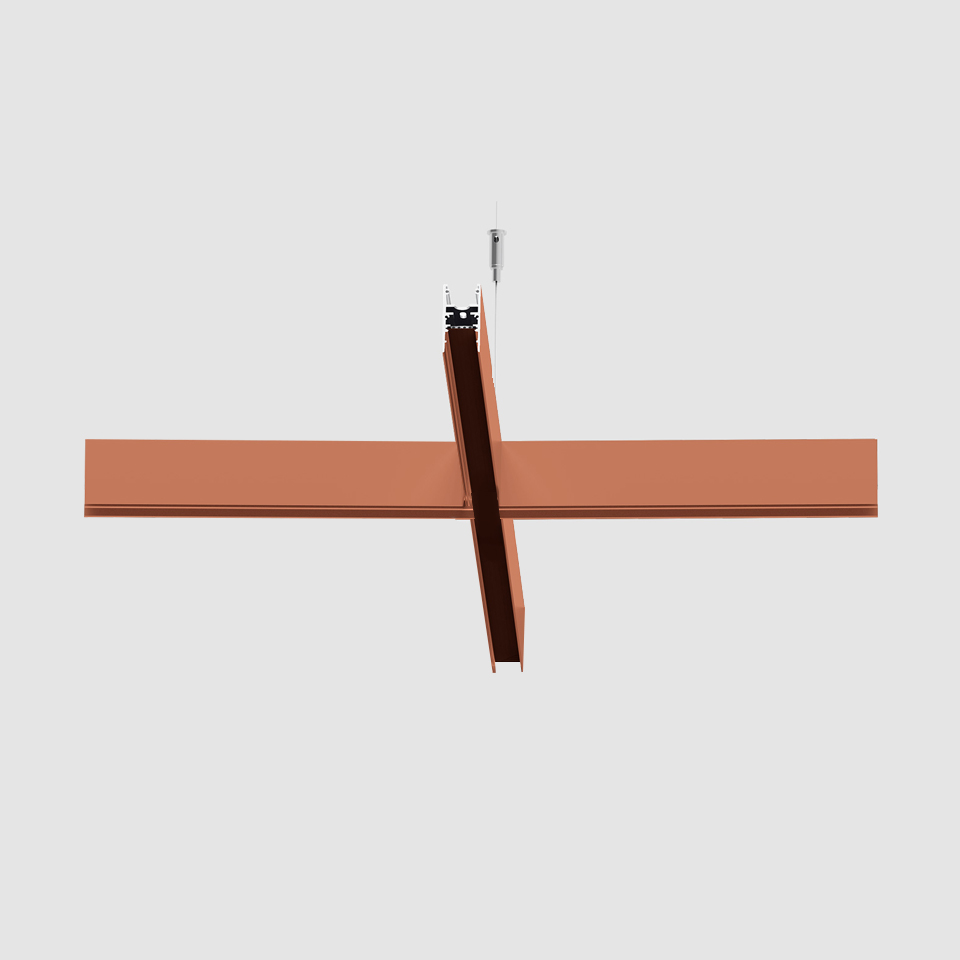 Artemide A.24 Magnetic Track system in terracotta finish, shown as cross-shaped ceiling installation with suspension cable