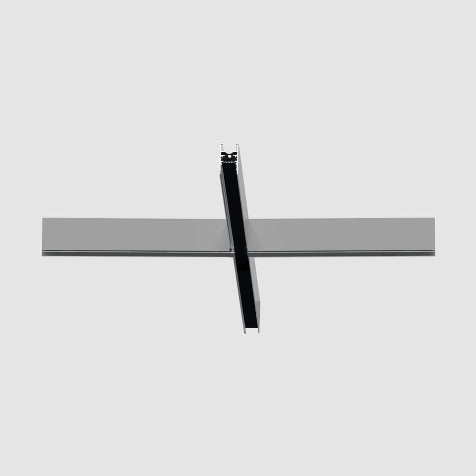 Artemide A.24 Emissione Diffusa: recessed ceiling track system with a diagonal black linear module intersecting a horizontal aluminum rail