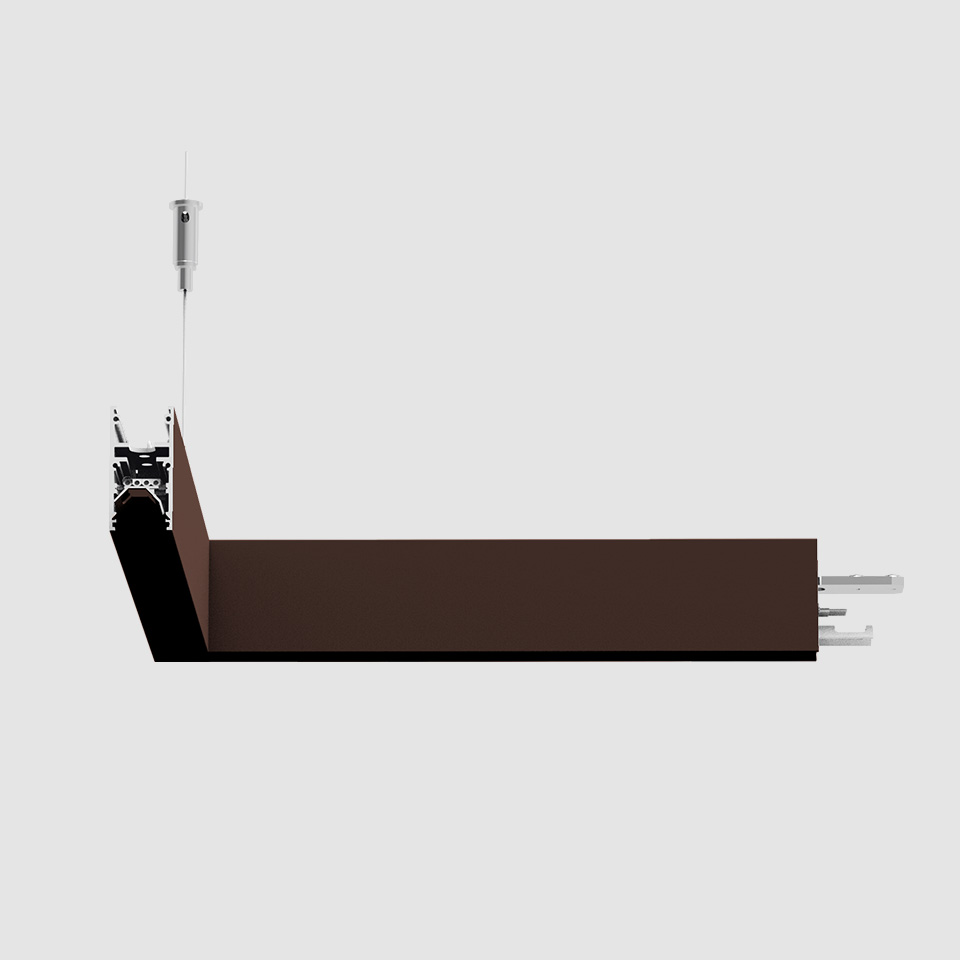 Artemide A.24 Diffused Emission pendant light fixture in dark brown finish, suspended by steel cable, shown in side profile view