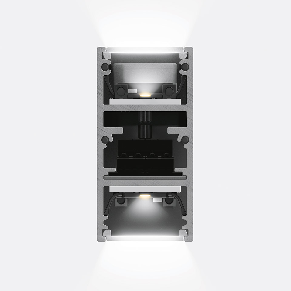 Artemide A.24 Emissione Diffusa wall light: rectangular aluminum profile emitting upward and downward diffused light via dual LED modules