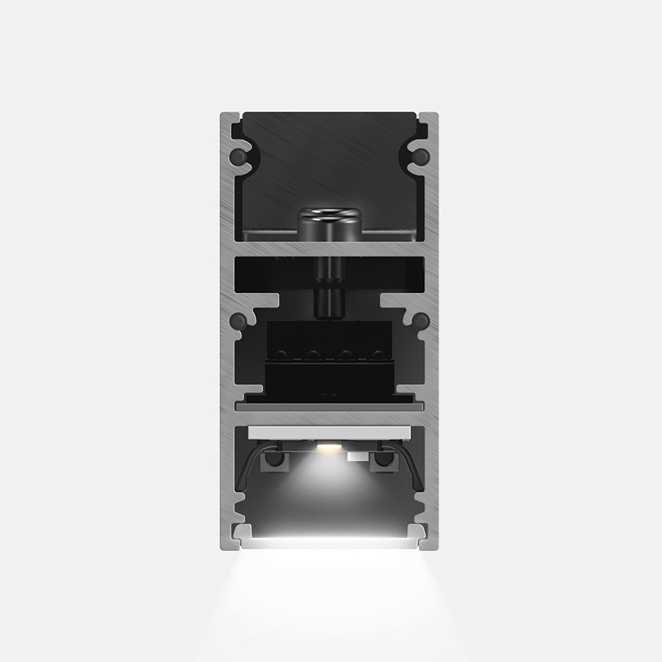 Artemide A.24 Emissione Diffusa: cross-section of recessed LED linear profile in aluminum, emitting diffused white light downward