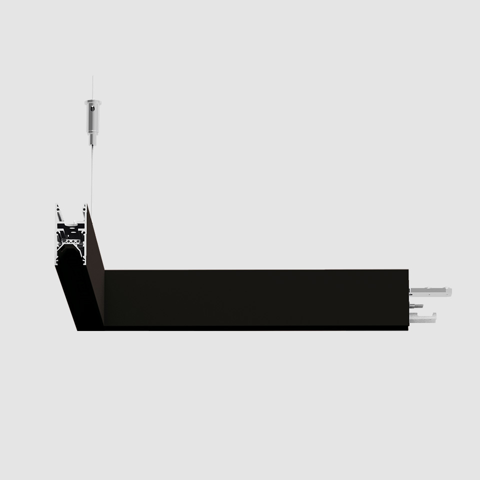 Artemide A.24 Diffused Emission black pendant linear LED fixture, suspended by steel cable, with modular connector on right end