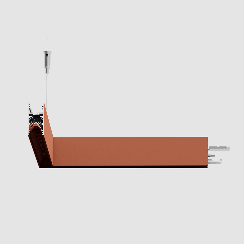 Artemide A.24 Diffuse Emission pendant light fixture in terracotta, horizontal linear profile suspended by steel cable