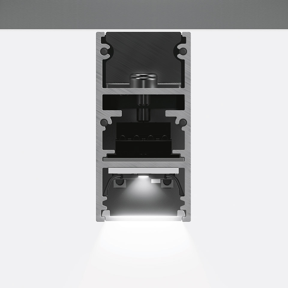 Artemide A.24 Diffuse Emission recessed LED module cross-section, showing aluminum profile with downward white light beam