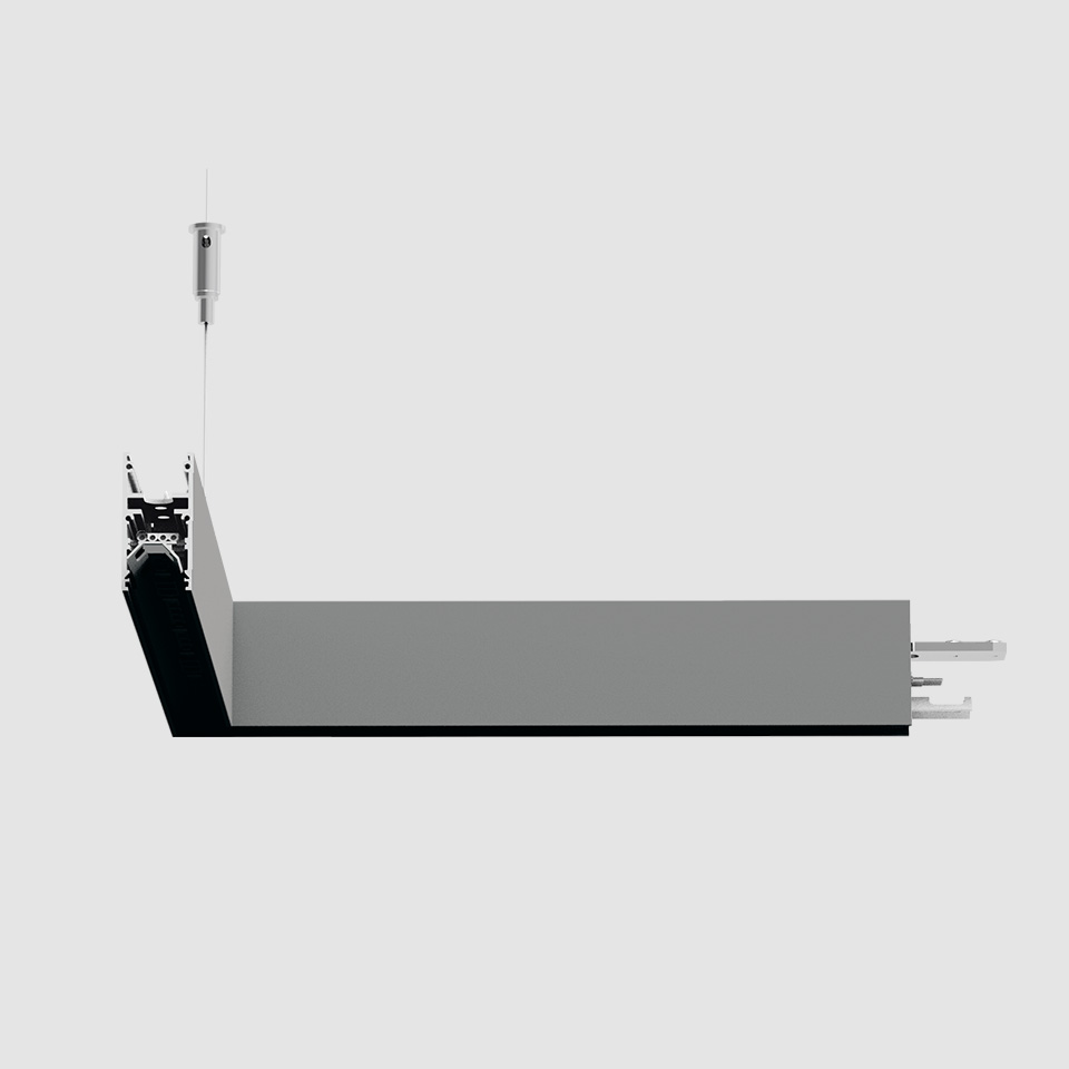 Artemide A.24 Diffused Emission linear pendant light fixture, black aluminum profile with gray diffuser, suspended by steel cable
