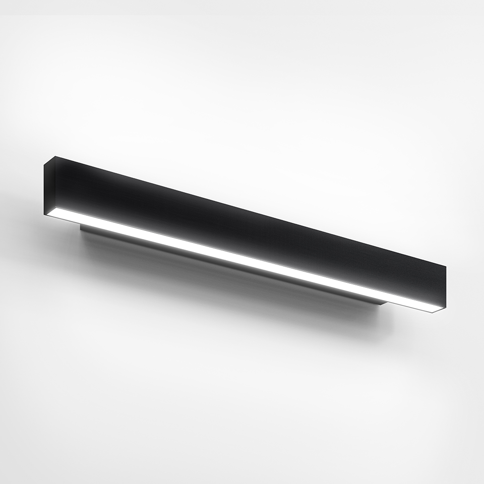 Artemide A.24 Parete wall lamp: sleek elongated black rectangular body with a horizontal LED light strip on the lower edge