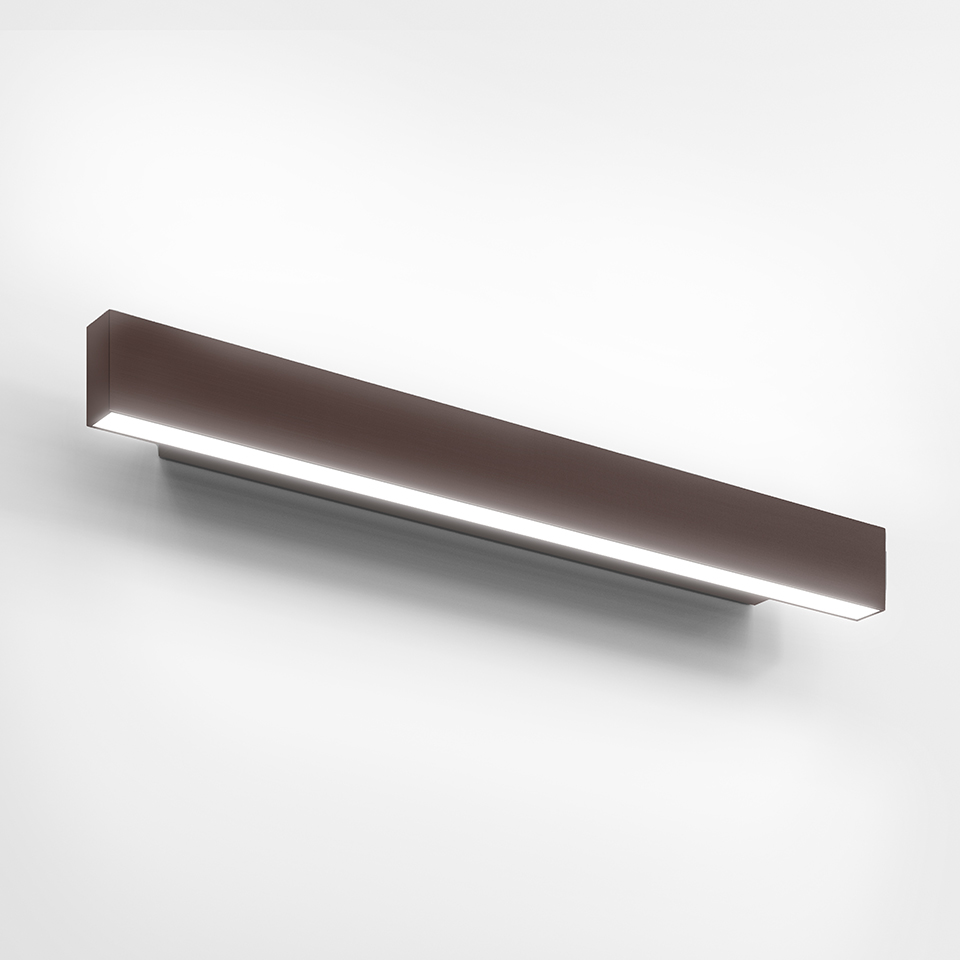 Artemide A.24 Parete wall lamp: elongated rectangular dark brown LED fixture with diffused linear light strip on brushed metal brackets