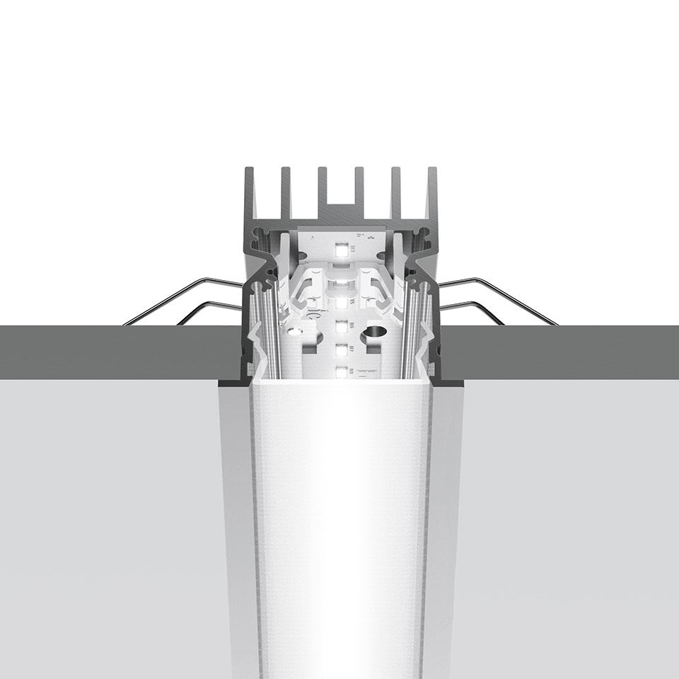Cross-section of Artemide A.39 Incasso Emissione Diffusa recessed LED fixture showing heat sink fins, LED module, and diffused light emission cone