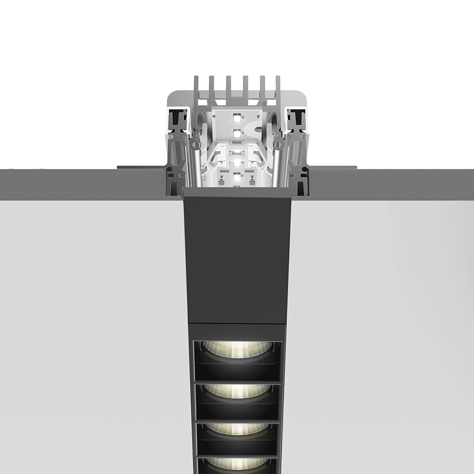 Artemide A.39 recessed ceiling light, cross-section view showing black housing with three LED modules and aluminum heat sink