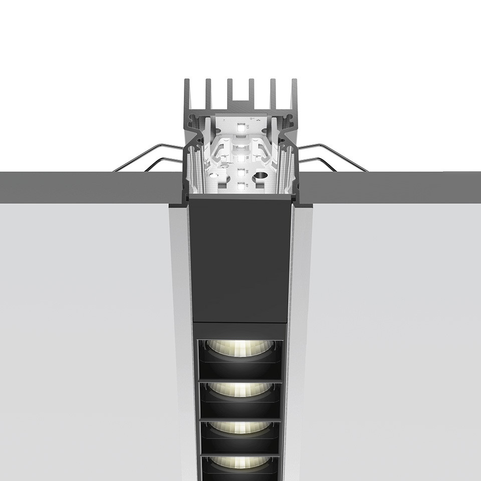 Artemide A.39 Incasso recessed LED fixture, cross-section view showing heat sink, housing, and downward-facing multi-lens light emitters