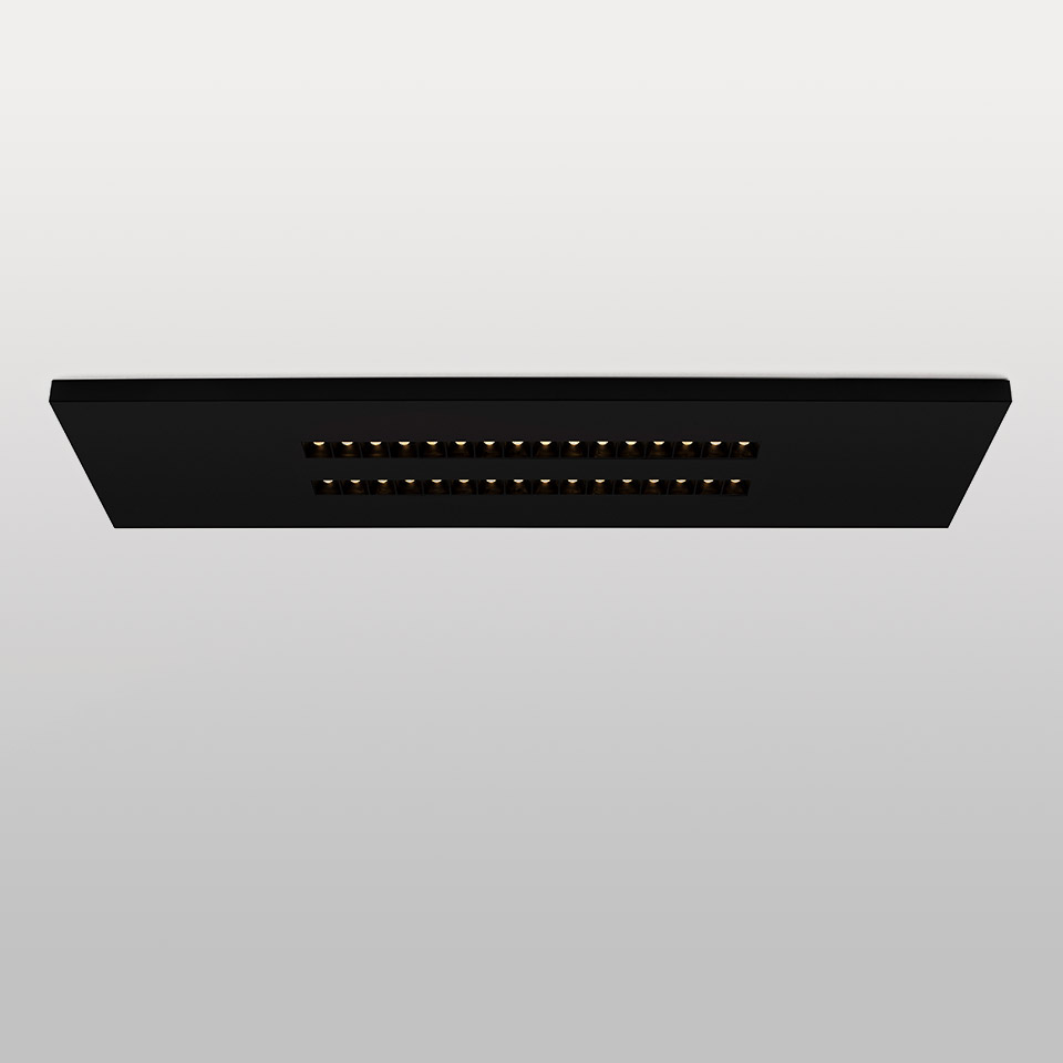 Artemide A.39 Refractive rectangular ceiling light in matte black, featuring two rows of warm LED dots recessed into a flat panel