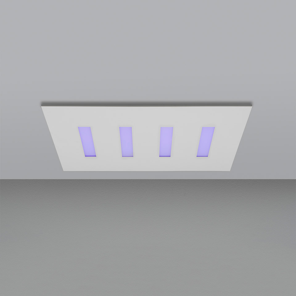 Artemide A.39 Refractive Square ceiling light with four rectangular violet-lit refractive slots flush-mounted on white panel