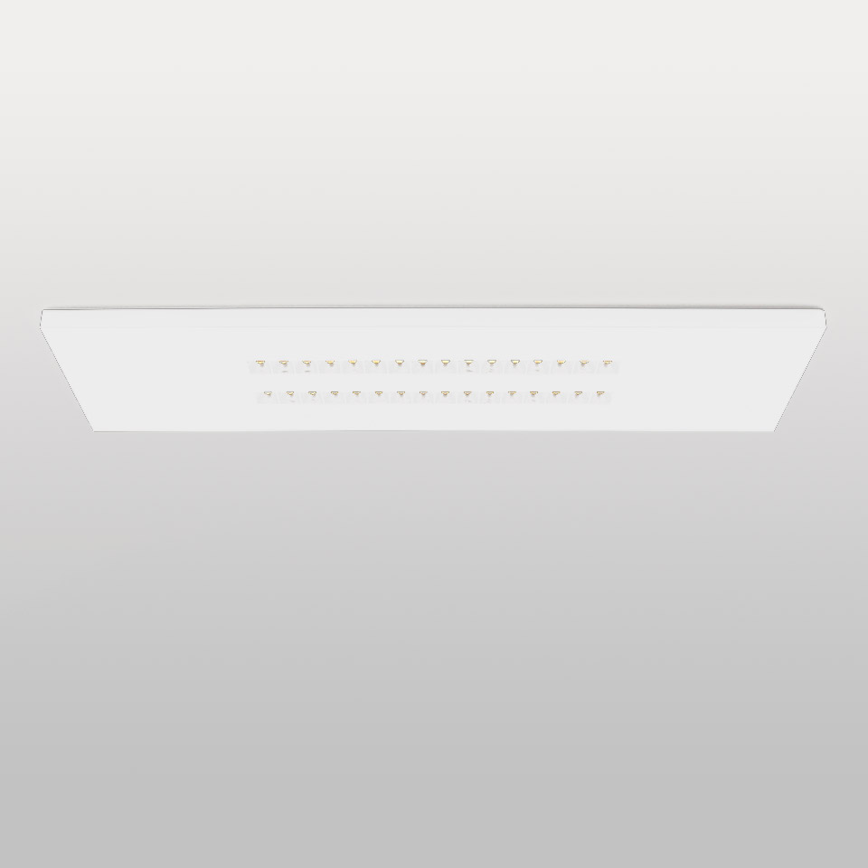 Artemide A.39 Refractive rectangular ceiling light, white flat panel with two rows of visible LED modules flush-mounted
