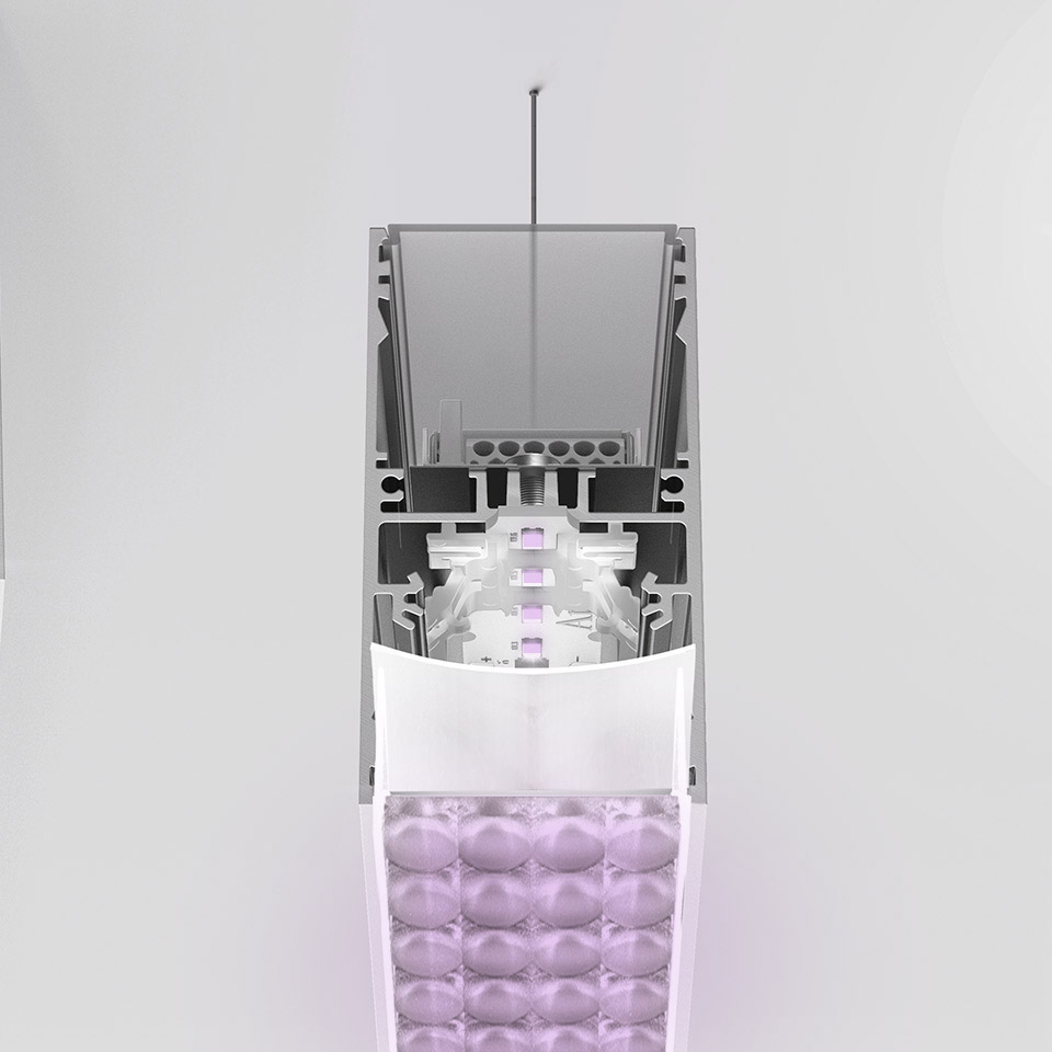 Cross-section of Artemide A.39 suspension lamp showing internal LED components, aluminum profile, and textured diffuser emitting purple light