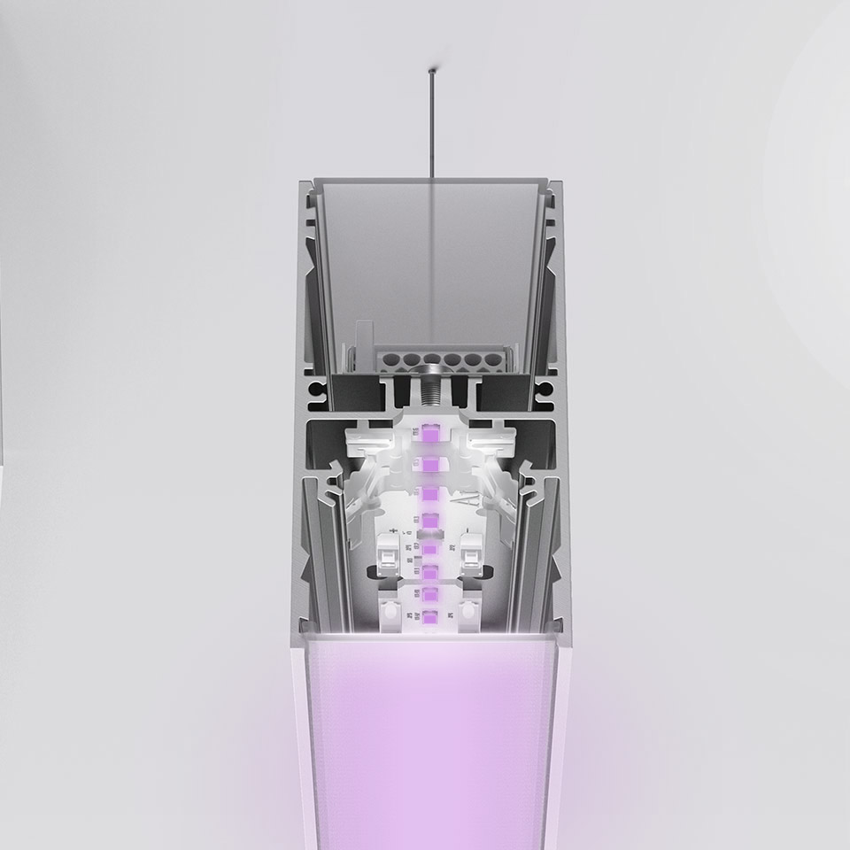 A.39 pendant lamp cross-section revealing internal RGB LED modules inside aluminum profile, emitting diffused purple light downward