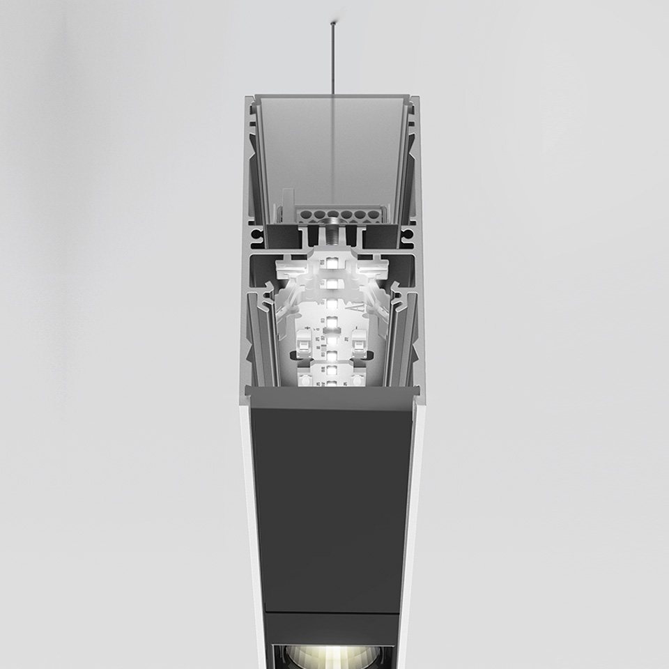 Artemide A.39 pendant light cross-section revealing internal LED components, aluminum profile, and downward light emission in dark finish - 2