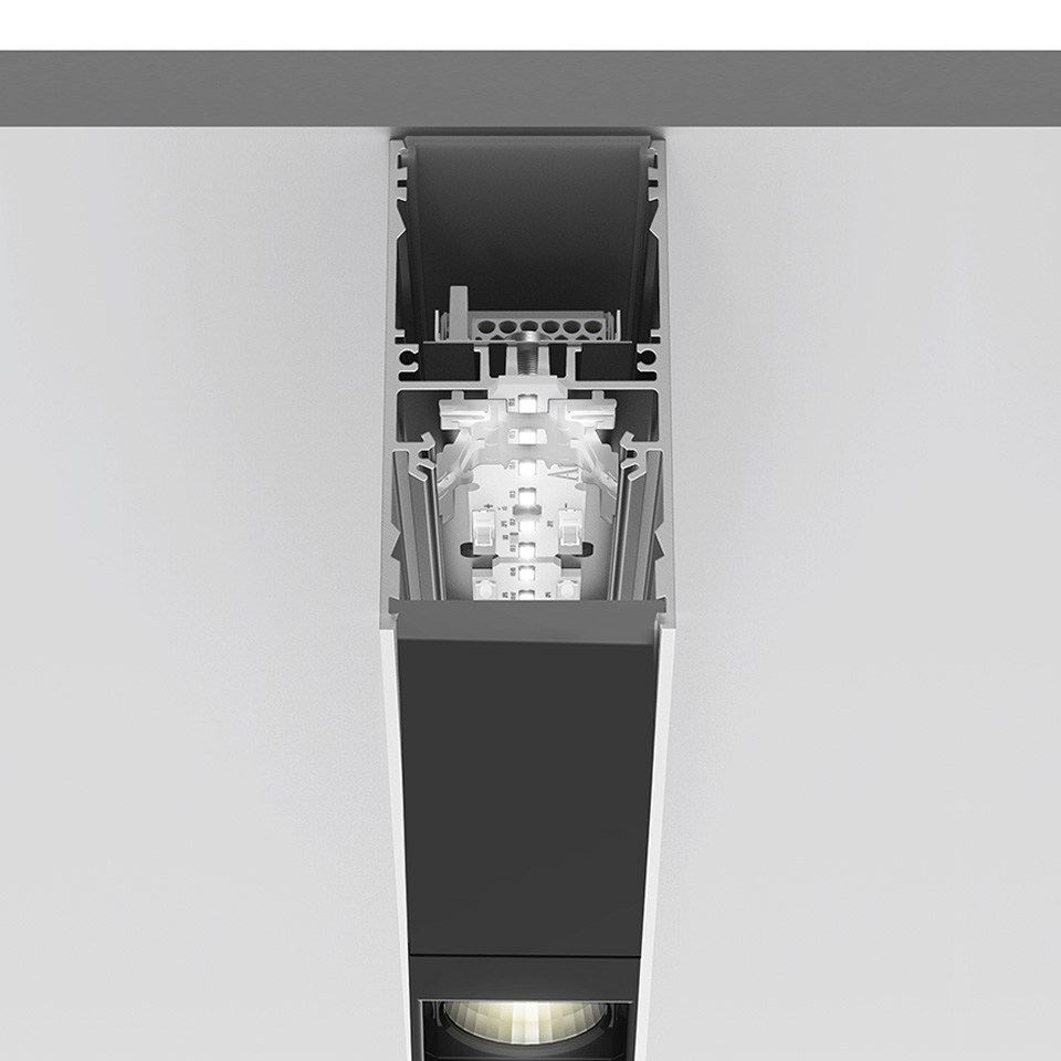 Artemide A.39 recessed ceiling fixture cross-section, showing LED module, aluminum housing, and sharp light emission optics in black finish