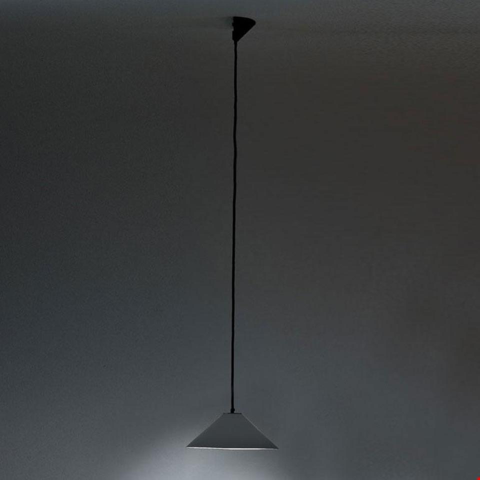 Artemide Aggregato pendant lamp with triangular white diffuser suspended from black cord against grey background - 2