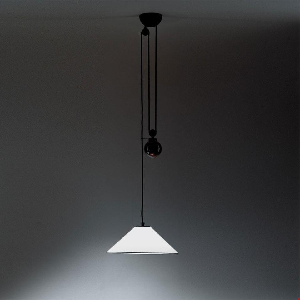 Artemide Aggregato pendant lamp with white conical shade, black cord, and spherical counterweight pulley system on ceiling mount