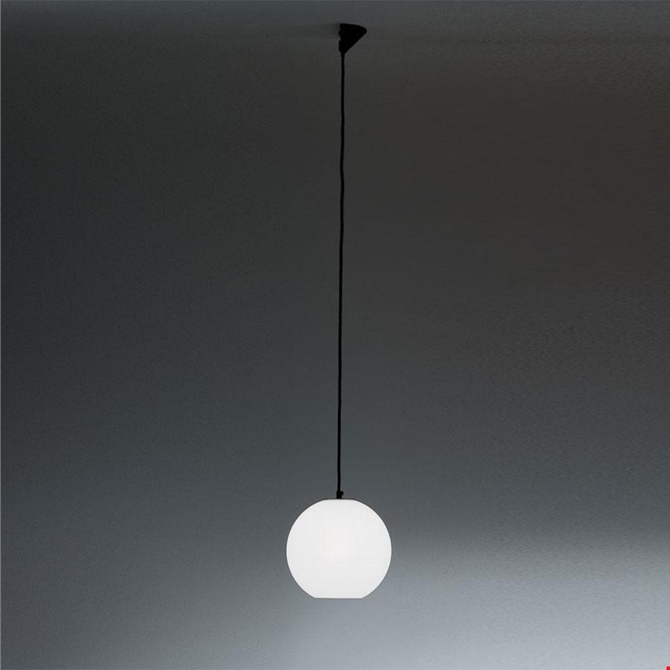 Artemide Aggregato pendant lamp: opal white spherical glass diffuser suspended from ceiling by a black cord